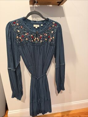Fatface Navy Embroidered Long-Sleeve Dress